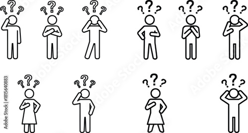 Diverse stick figures representing men and women pondering questions with question marks floating above their heads