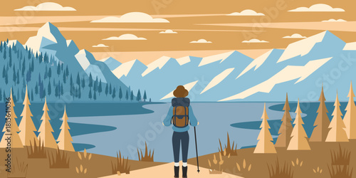 Female hiker admiring mountain lake landscape illustration in muted colors