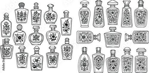 Elegant vintage perfume bottles decorated with delicate floral patterns in a simple line art style