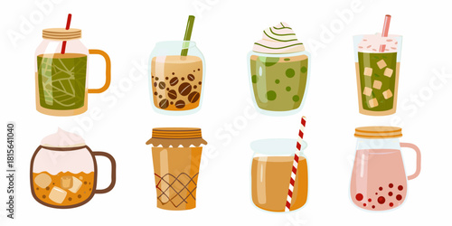 Collection of colorful boba tea and iced coffee drinks illustrations