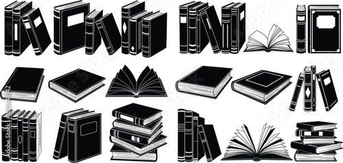 Extensive collection of book icons in various arrangements including open, closed, and stacked volumes for educational content