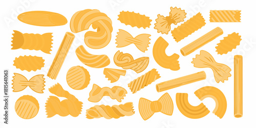 Variety of pasta shapes isolated on white background for cooking and food concepts