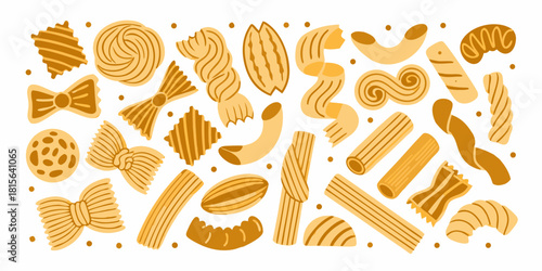 Variety of pasta shapes illustration on white background
