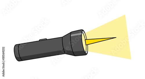 Cartoon style vector drawing of a grey and black handheld flashlight with a powerful, glowing yellow beam of light, symbolizing an essential tool for navigation, safety, and discovery in the dark