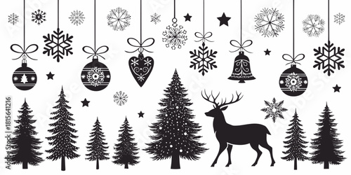 Festive Christmas decorations featuring reindeer, snowflakes, ornaments, and trees create a joyful holiday season feel for your designs