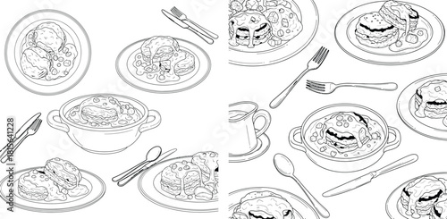 Hand drawn collection of breakfast pastries or sweet sundaes served on plates with spoons