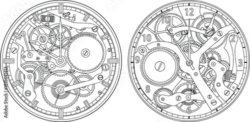 Intricate line illustration showcasing two complex mechanical watch movements with detailed gear systems