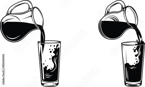 Monochrome illustrations depicting liquid pouring from a pitcher into a tall glass, creating energetic splashes and ripples