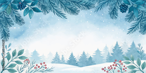Winter wonderland scene with pine trees and berries, perfect for holiday cards, invitations, or seasonal designs, watercolor feel