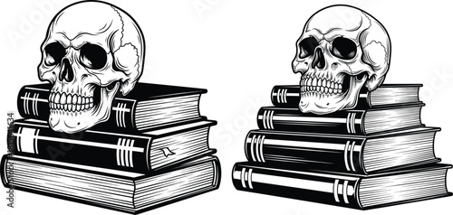 Realistic detailed human skulls positioned on stacks of old academic books and texts