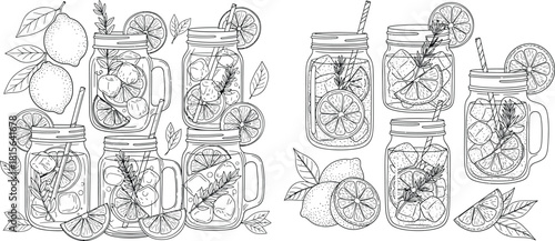 Refreshing line art collection of mason jars filled with iced lemon drinks and fresh citrus fruits
