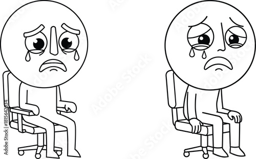 Two crying simple human figures seated in office chairs, expressing emotions of despair and sorrow
