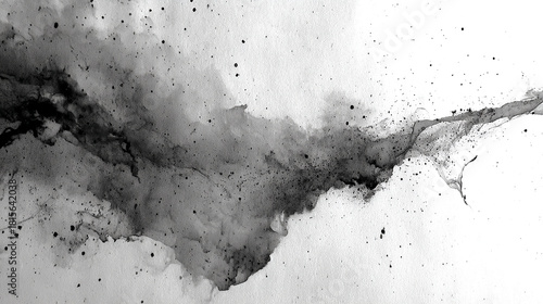 Abstract black and white ink wash on white paper, resembling a plume of smoke or a cosmic nebula.