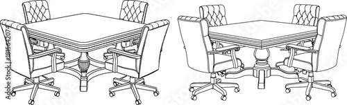 Two isometric views of a formal meeting table with plush armchairs, ready for business discussions