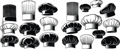 Vector illustrations of different styles of cook hats, including tall toques and classic poufs for kitchen staff