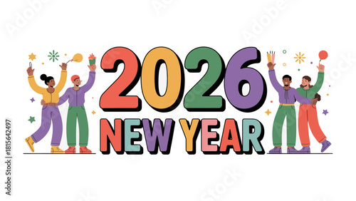 New Year Celebration 2026: A vibrant and colorful depiction of a diverse group celebrating the new year 2026, creating an atmosphere of anticipation and joy.