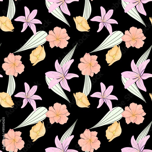 Seamless flowers art on pattern for background and backdrop.