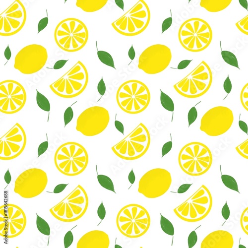 Lemon with leaves seamless pattern on white background.