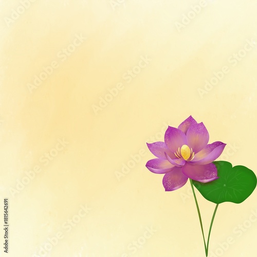 Pink Lotus with leaf on yellow background.