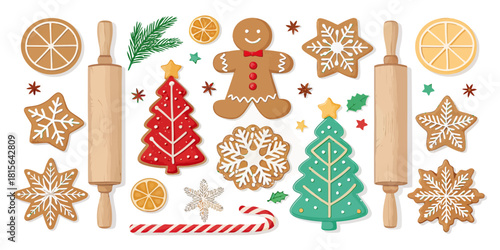 Festive gingerbread cookies, Christmas trees, candy cane and rolling pins create a sweet holiday baking scene for joyous celebrations
