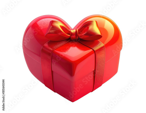 A glossy red heart-shaped gift box tied with a red ribbon and bow, set against a black background.