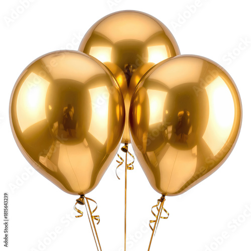 Three lustrous golden balloons floating against a stark black background.