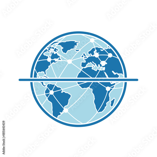A stylized globe shows continents connected by lines and dots with horizontal line.