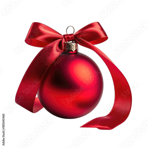 A red Christmas ornament with a satin ribbon bow against a black background.