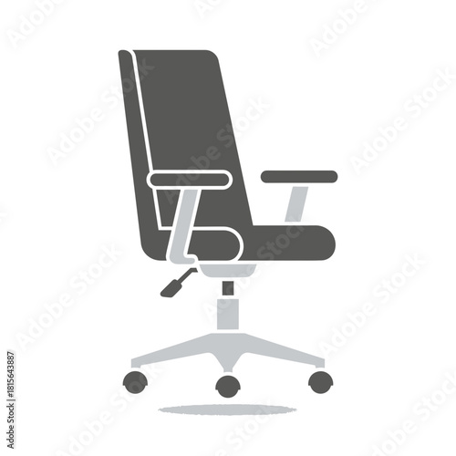 An office chair with armrests and wheels is shown in silhouette.