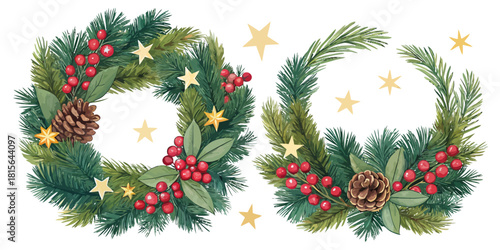 Festive holiday season wreaths with bright red berries and gold stars for invitations and Christmas cheer, originally a vector design