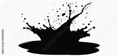 Black Silhouette of a Water Splash with Reflection and Droplets Keywords: water splash, liquid, fluid, dynamic