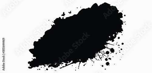 Black Ink Splatter Blob with Scattered Particles on White Background Keywords: ink splatter, paint splatter