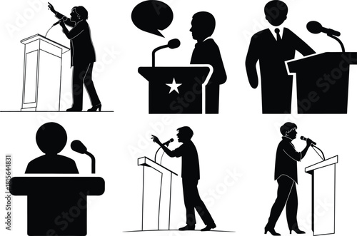 Diverse public speakers deliver speeches from podiums, featuring various poses and presentation styles