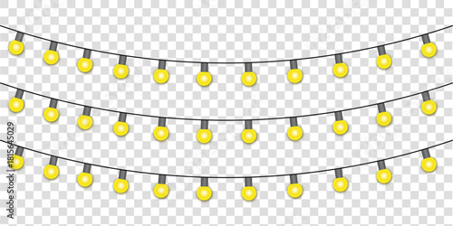 Twinkling fairy lights glow in soft amber. Golden garland loops around festive corner. Warm bulbs dangle on celebration wire. Vector illustration. 