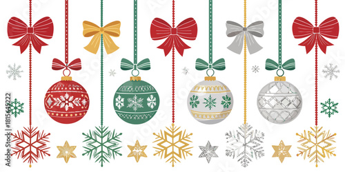 Festive holiday ornaments and snowflakes hanging, creating a cheerful and classic Christmas design for greeting cards and seasonal decor
