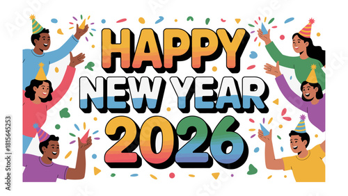 Celebration of New Year: A vibrant graphic, adorned with festive confetti, depicts individuals enthusiastically celebrating the commencement of New Year.