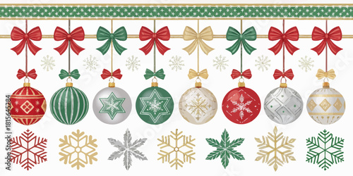 Festive Christmas ornament garland with bows and snowflakes, perfect for holiday greetings and seasonal designs, merry and bright feel