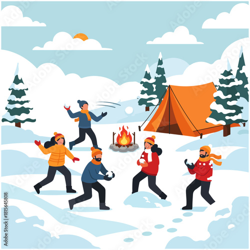 A vibrant illustration of people enjoying a winter day with a snowball fight near a campfire.