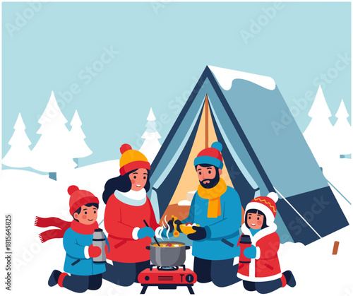 A happy family with two children enjoying a warm meal while camping in a snowy winter landscape.