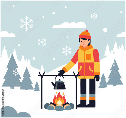 Illustration of a person camping in the snow, making tea over a campfire.