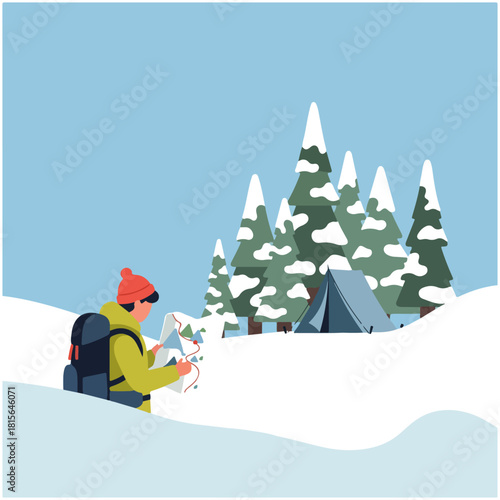 A hiker with a map navigates a snowy landscape during a winter camping adventure.