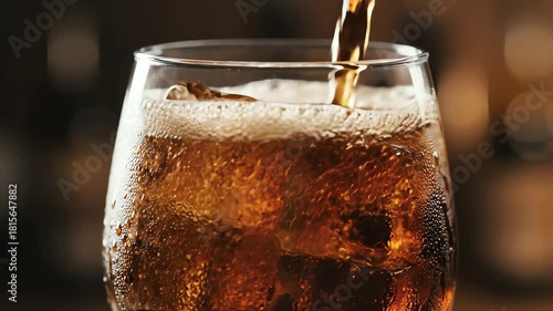 Wallpaper Mural Cola and Ice in a Glass, Cola Pouring into a Curvy Glass with Ice Cubes, Turning in Macro Closeup UHD. Torontodigital.ca