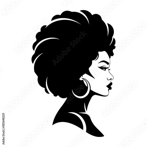 Silhouette of a woman with afro hairstyle and earring in black and white