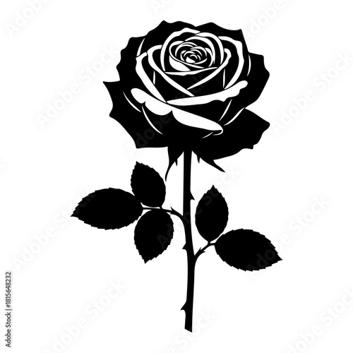 Silhouette vector illustration of a rose with leaves and stem