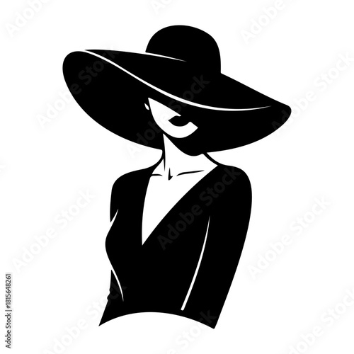 Silhouette of a woman wearing a large brimmed hat and dress