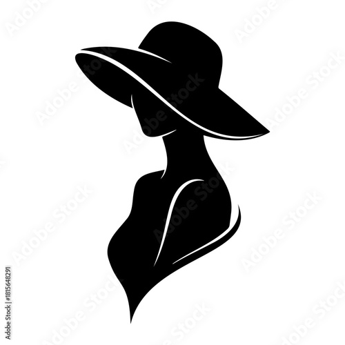 Silhouette of a woman wearing a hat with a wide brim in black color