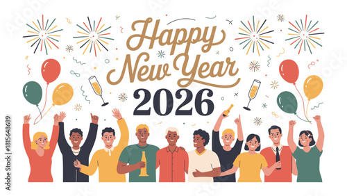 Joyful New Year Celebration: A vibrant gathering of diverse individuals exuberantly celebrates the arrival of 2026, accompanied by fireworks, balloons, and champagne glasses.