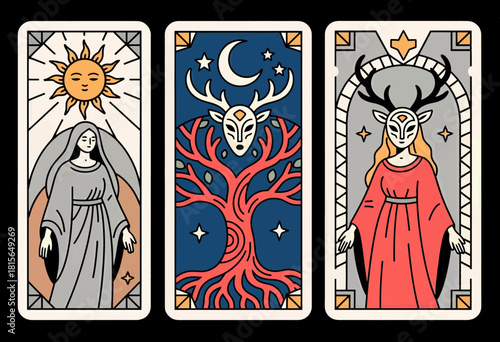 Tarot card designs, mystical symbols, colorful illustration