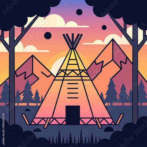 Tipi in nature scene, flat vector illustration with sunset