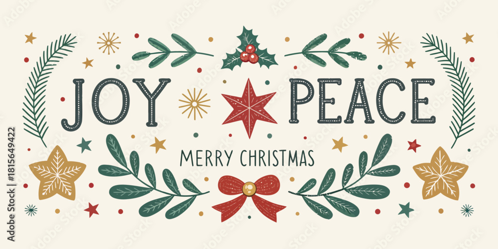 Obraz premium Festive cheer and goodwill with a Merry Christmas message featuring joy, peace, stars, foliage and a beautiful red bow